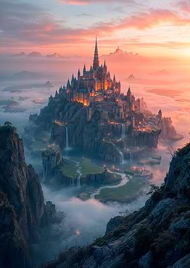 Fantasy Castle in Misty Landscape