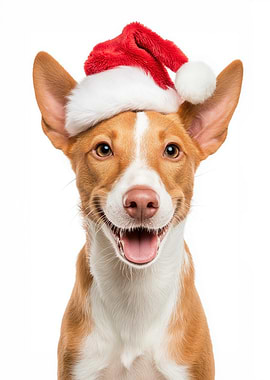 Portuguese Podengo Dog with Santa hat portrait