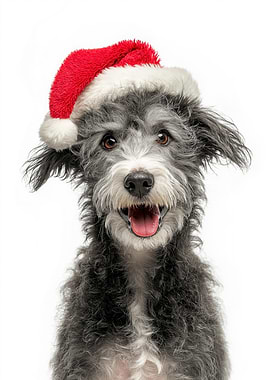 Pumi Dog with Santa Hat Portrait