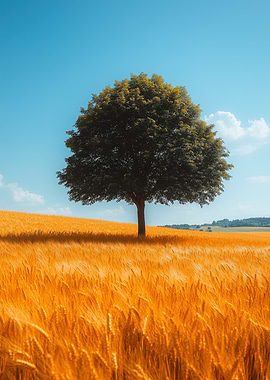 Tree in golden wheat field