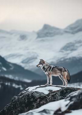 Wolf Standing on a Snowy Ridge in Nordic Mountains