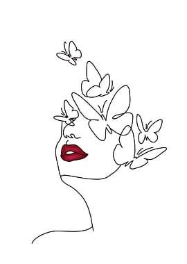 Woman's face with butterflies line art