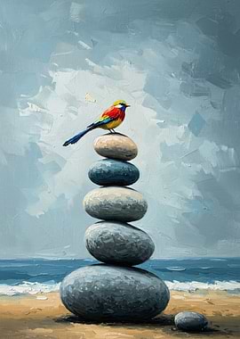 Colorful Bird on Stacked Stones Painting