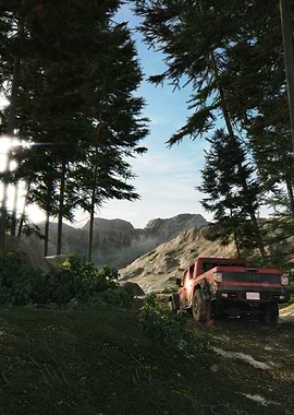 Red Truck Off-Roading in Mountain Landscape