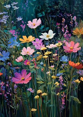Floral Painting: Colorful Cosmos Garden