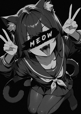 Anime Cat Girl with Meow Text