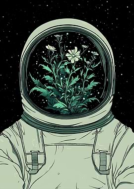 Astronaut with Flowers in Helmet