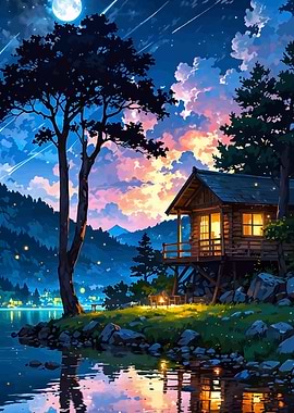 Cabin by the Lake at Night