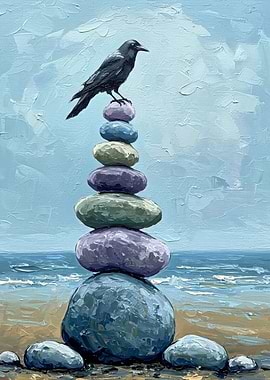 Raven on Stacked Stones Painting