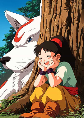 Anime Girl and Wolf Spirit by Tree