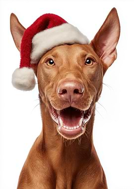 Pharaoh Hound Dog with Santa Hat Portrait