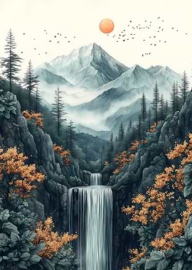 Mountain Waterfall Landscape with Birds