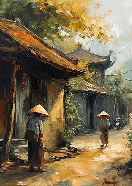 Asian Village Oil Painting