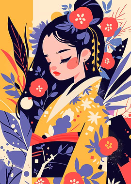 Kawaii Floral Kimono Woman Illustration Minimalist Art