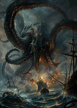 cthulhu Kraken attacking ships in stormy sea