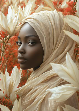 Golden Hijab Among Blossoms – Elegant Portrait Art in Floral Surroundings