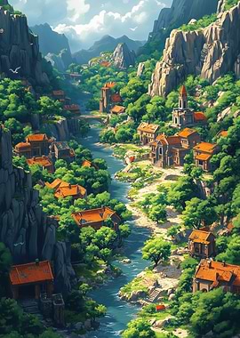 Mountain Village with River