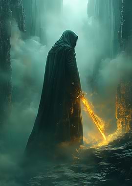 Hooded Figure with Fiery Sword