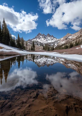 Serene Snowy Alpine Mountains with Reflection in Lake