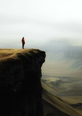 Lone Traveler Standing on Cliff Vast Rolling Hills