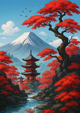 Japanese Pagoda with Mount Fuji