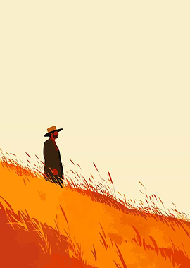 Lone Figure in Golden Autumn Field Minimalist Art Illustration Boho Art