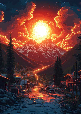 Pixel Art Mountain Town Sunset
