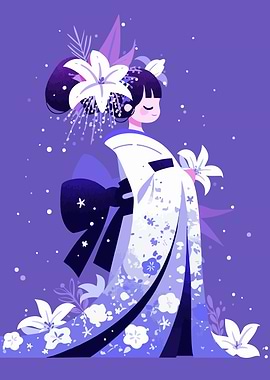 Kimono Geisha Girl with Lilies Illustration Minimalist Art