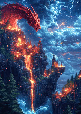 Red Dragon over Burning Cityscape