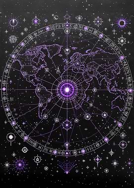 World Map with Celestial Symbols