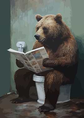 Bear reading newspaper on toilet