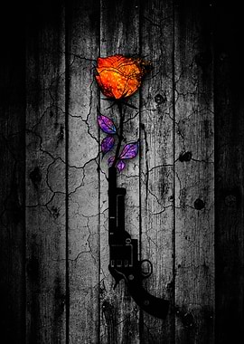 Gun and Rose on Wood