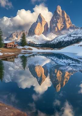 Towering Snowy Mountain Peak by the Lake with Cabin