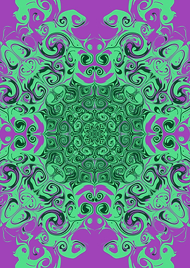 Mandala Kaleidoscope Pattern – Green and Purple Abstract Swirl Illusion Design