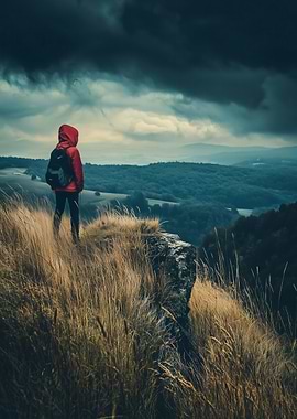 Hiker on Cliff Edge with Dramatic Dark Cloud