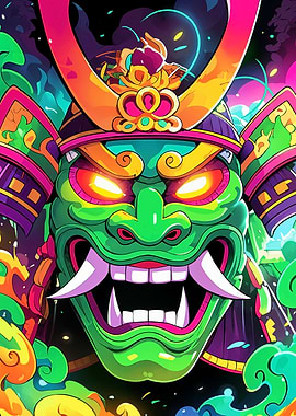 Colorful Samurai Mask Digital Art