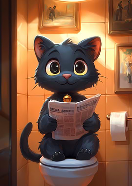 Cartoon Cat Reading Newspaper on Toilet