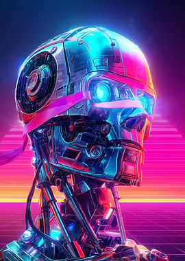 Cybernetic Robot Head with Neon Background