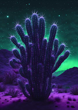 Neon Desert – Cactus Under the Northern Lights