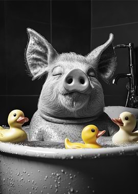 Pig in Bathtub with Rubber Ducks