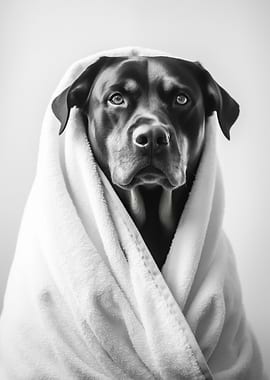 Rottweiler wrapped in a towel