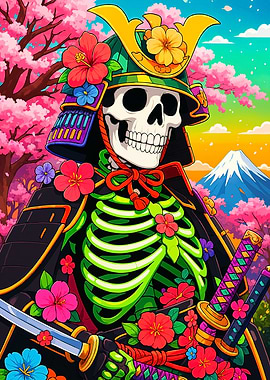 Floral Samurai Skeleton with Mount Fuji