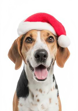 American Foxhound Dog with Santa Hat Portrait