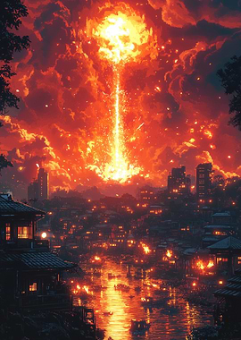 Fiery Explosion Over Asian Cityscape