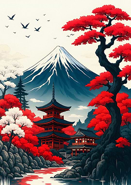 Japanese Landscape with Pagoda and Mountain