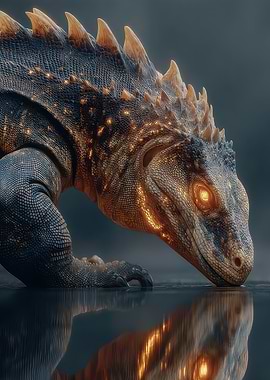 Glowing Lizard Drinking Water Reflection