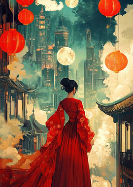 Woman in Red Dress, Asian Cityscape