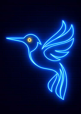 Neon Hummingbird on Brick Wall
