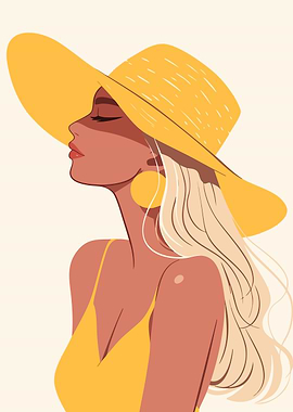 Minimalist Summer Woman Yellow Sunhat Pastel Boho Art Illustration