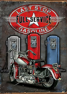 Vintage Motorcycle at Gas Station Art